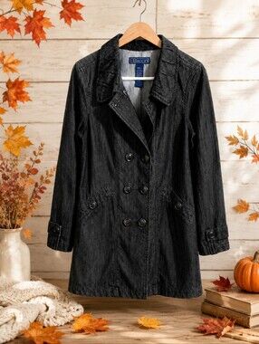 Baccini Charcoal Denim Trench Coat Double Breasted Jacket Size L